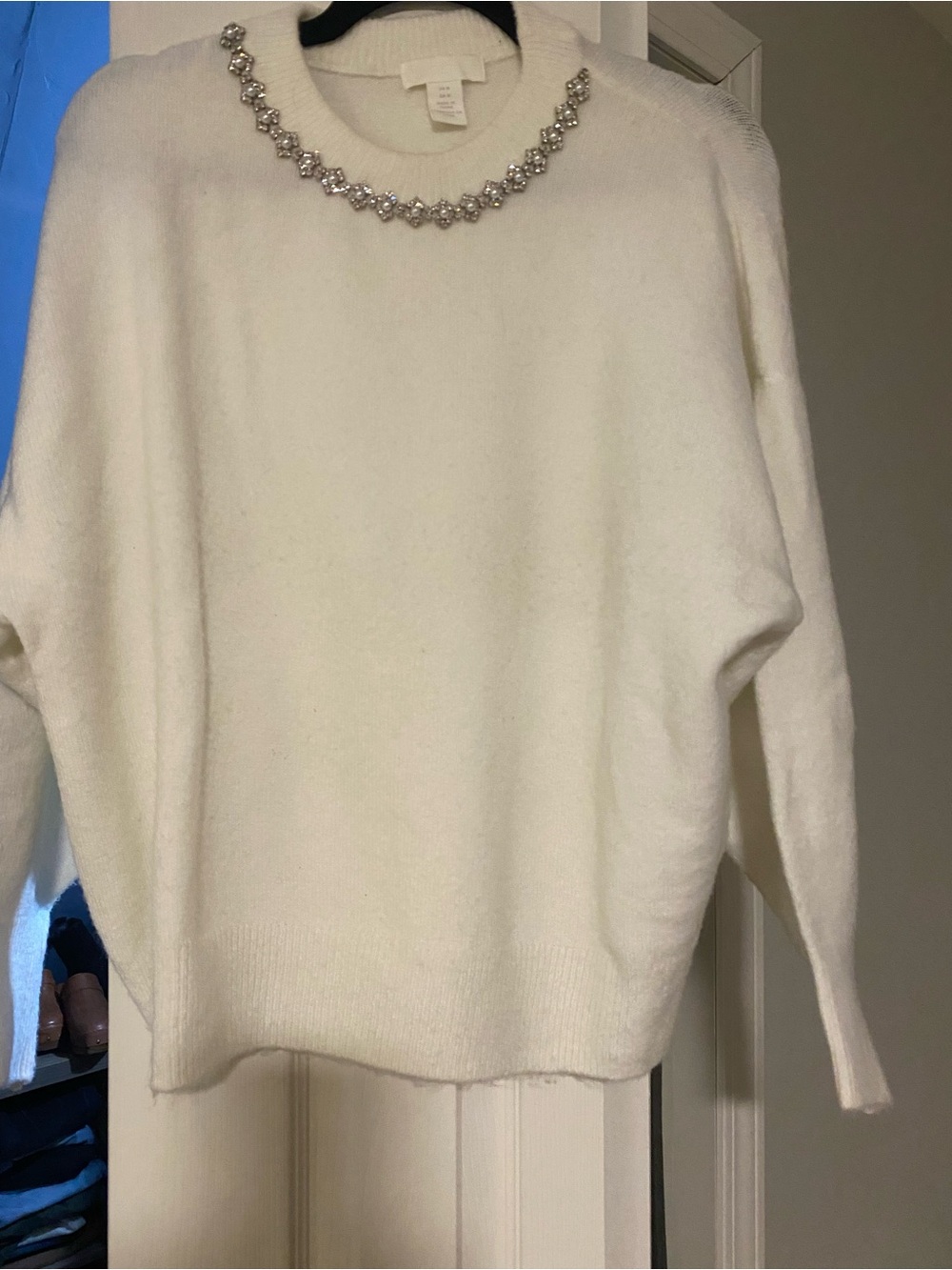 H&M Cream Crewneck Sweater with Jeweled Collar